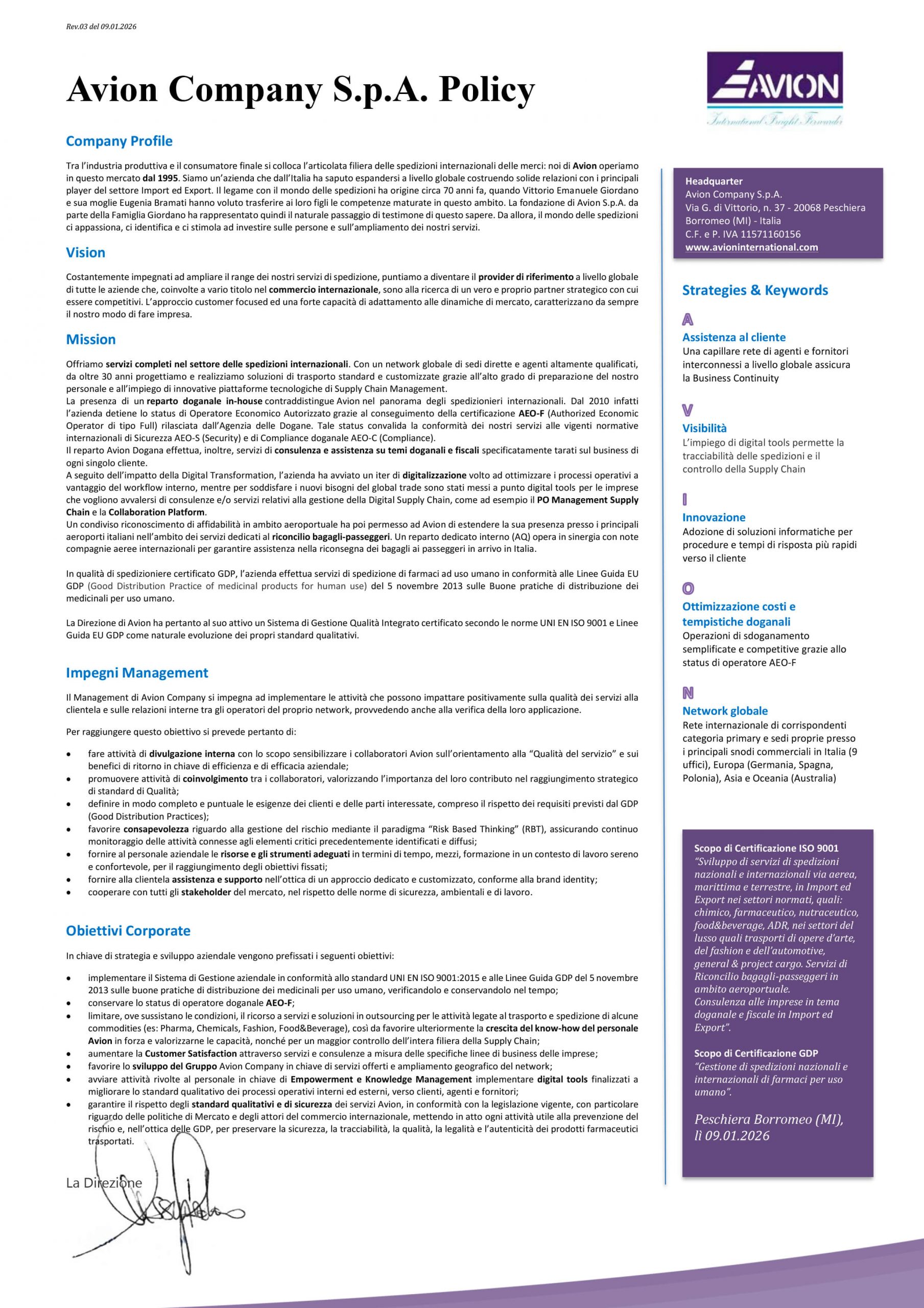 Avion politica della qualità