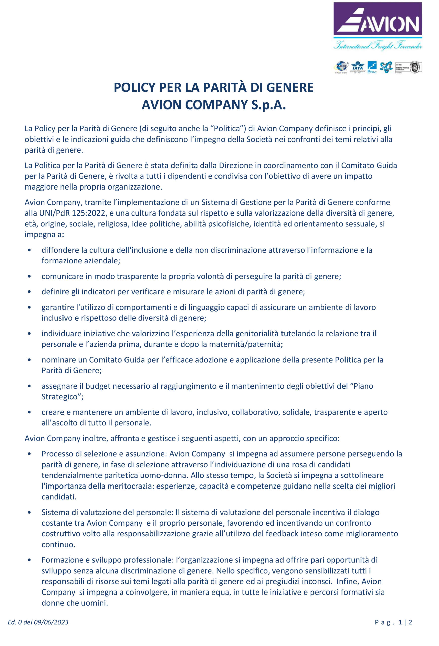 Policy Parità di Genere Avion International